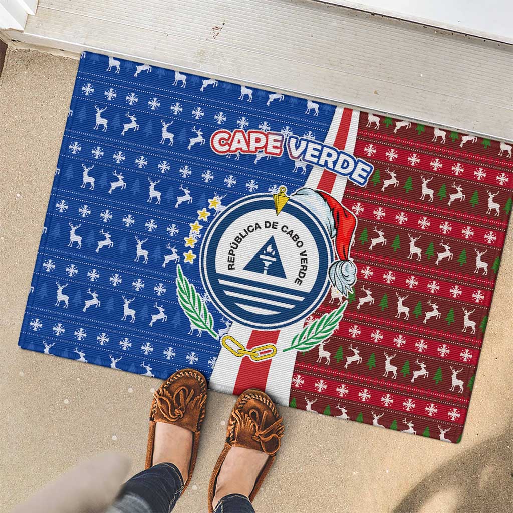Cape Verde Christmas Rubber Doormat with Red and Blue Festive Pattern Christmas Tree and National Emblem Motif - Wonder Print Shop