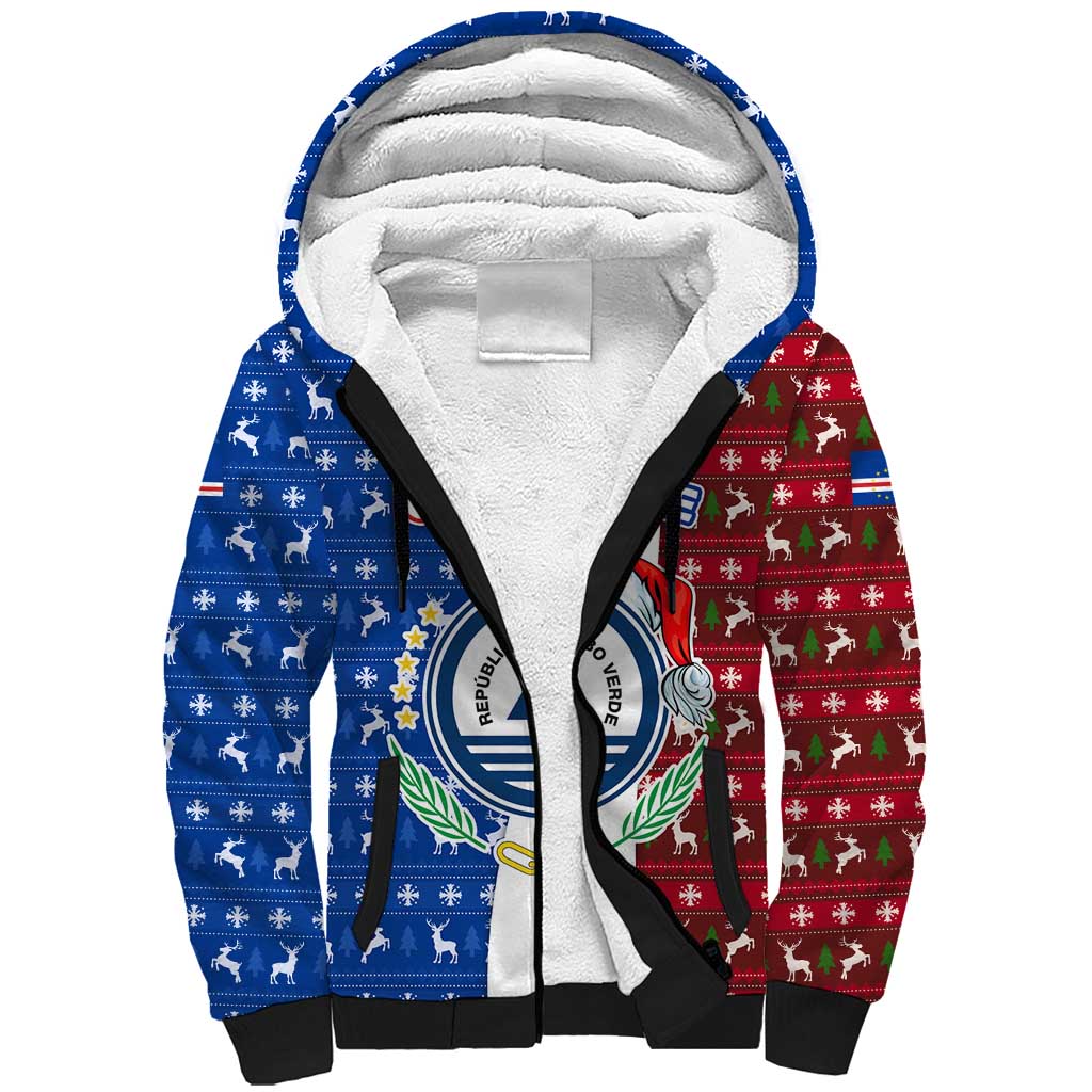 Cape Verde Christmas Sherpa Hoodie with Red and Blue Festive Pattern Christmas Tree and National Emblem Motif - Wonder Print Shop