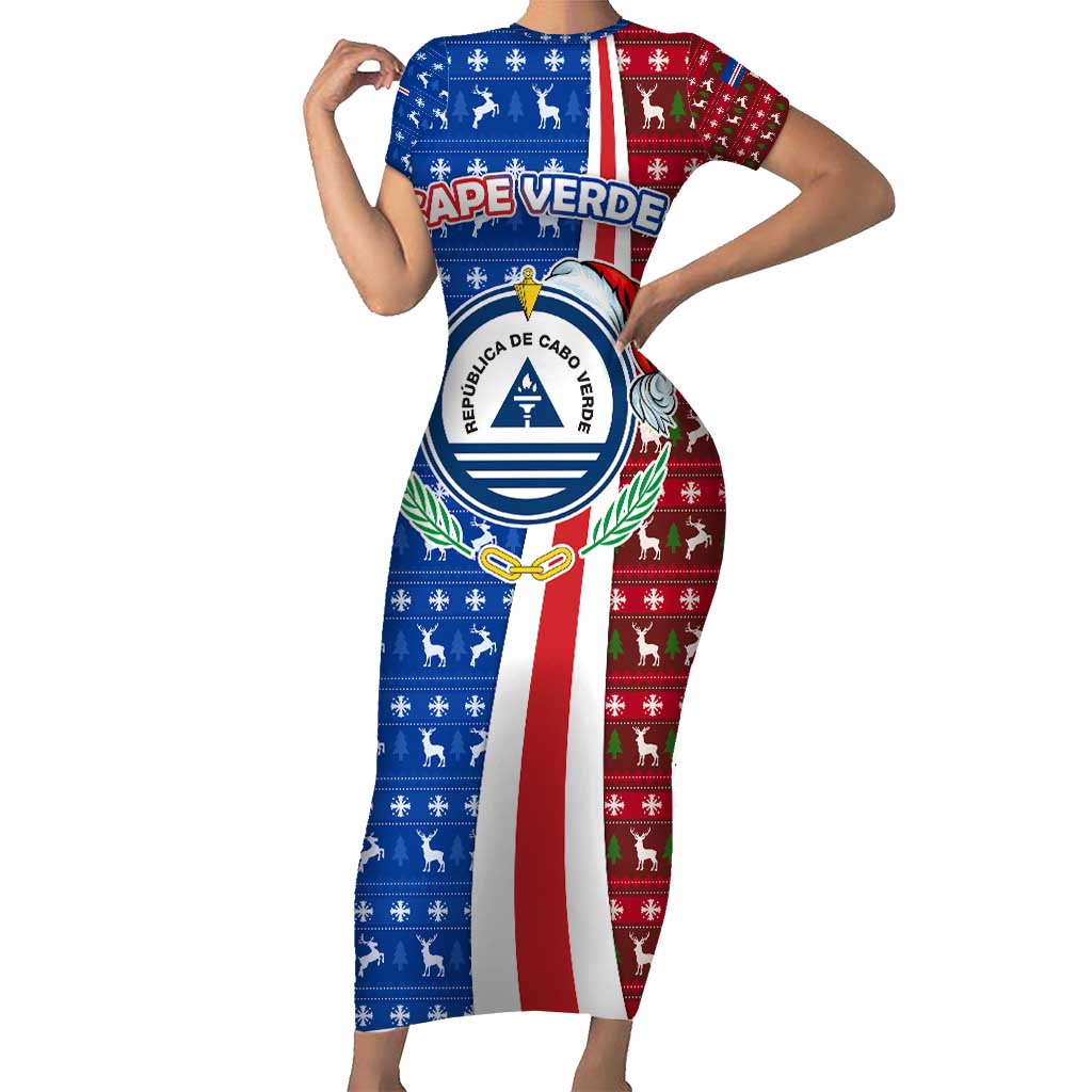 Cape Verde Christmas Short Sleeve Bodycon Dress with Red and Blue Festive Pattern Christmas Tree and National Emblem Motif - Wonder Print Shop