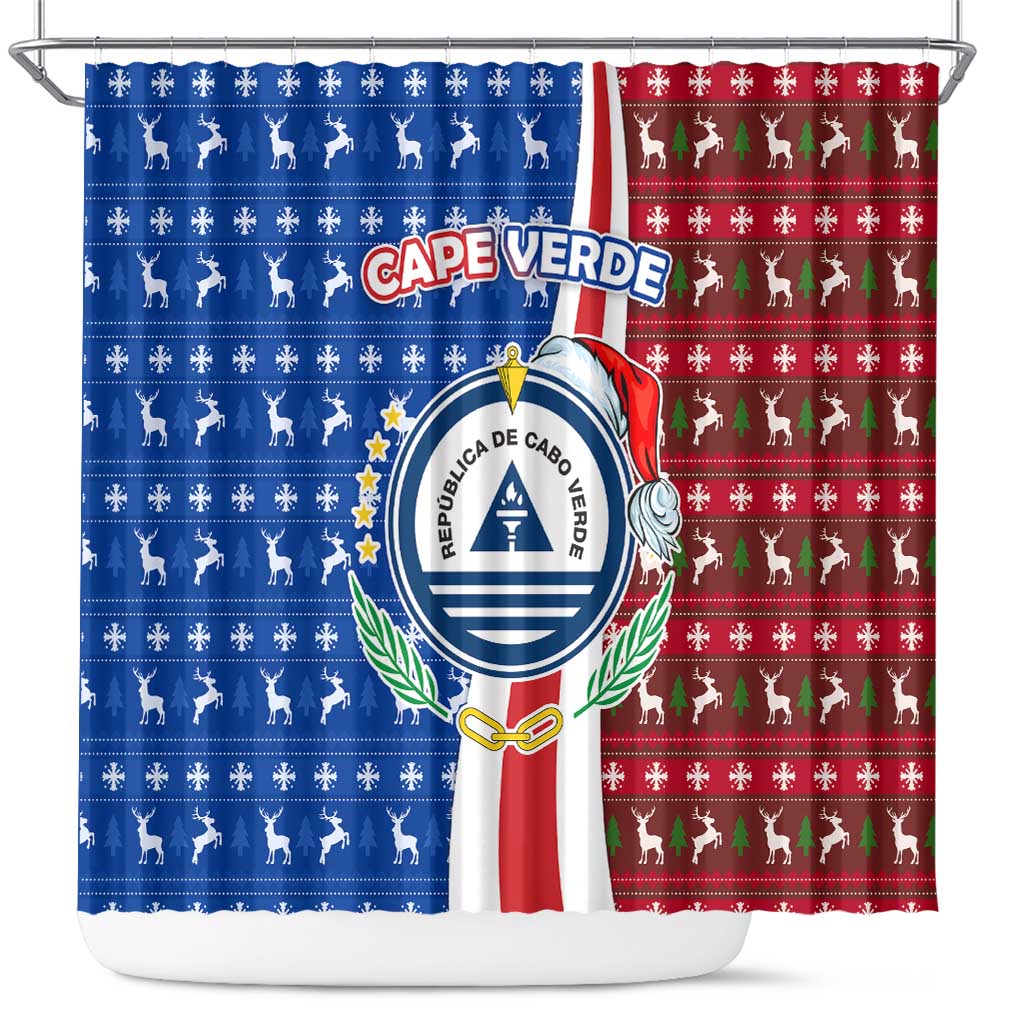 Cape Verde Christmas Shower Curtain with Red and Blue Festive Pattern Christmas Tree and National Emblem Motif - Wonder Print Shop