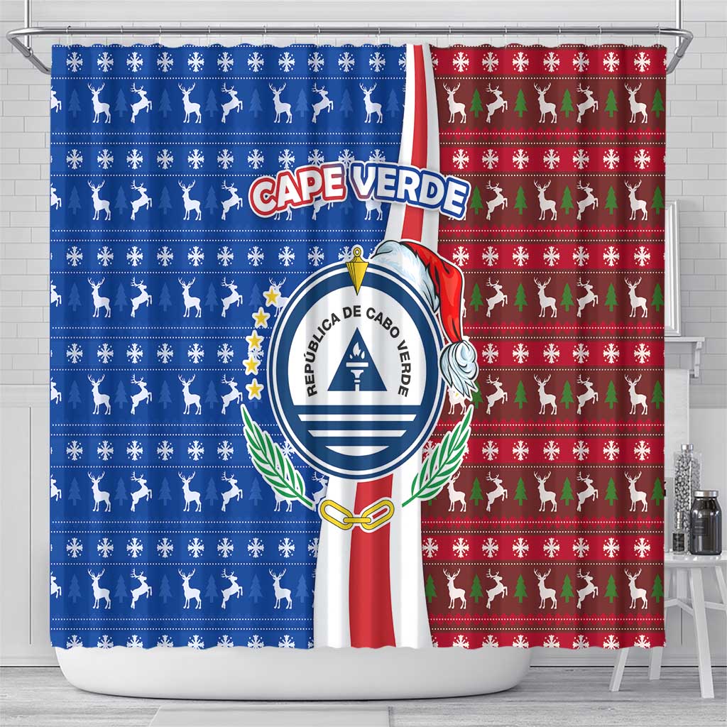 Cape Verde Christmas Shower Curtain with Red and Blue Festive Pattern Christmas Tree and National Emblem Motif - Wonder Print Shop