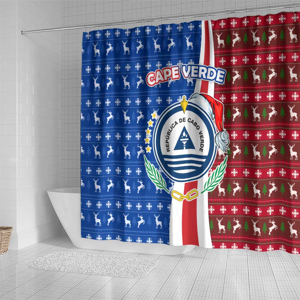 Cape Verde Christmas Shower Curtain with Red and Blue Festive Pattern Christmas Tree and National Emblem Motif - Wonder Print Shop