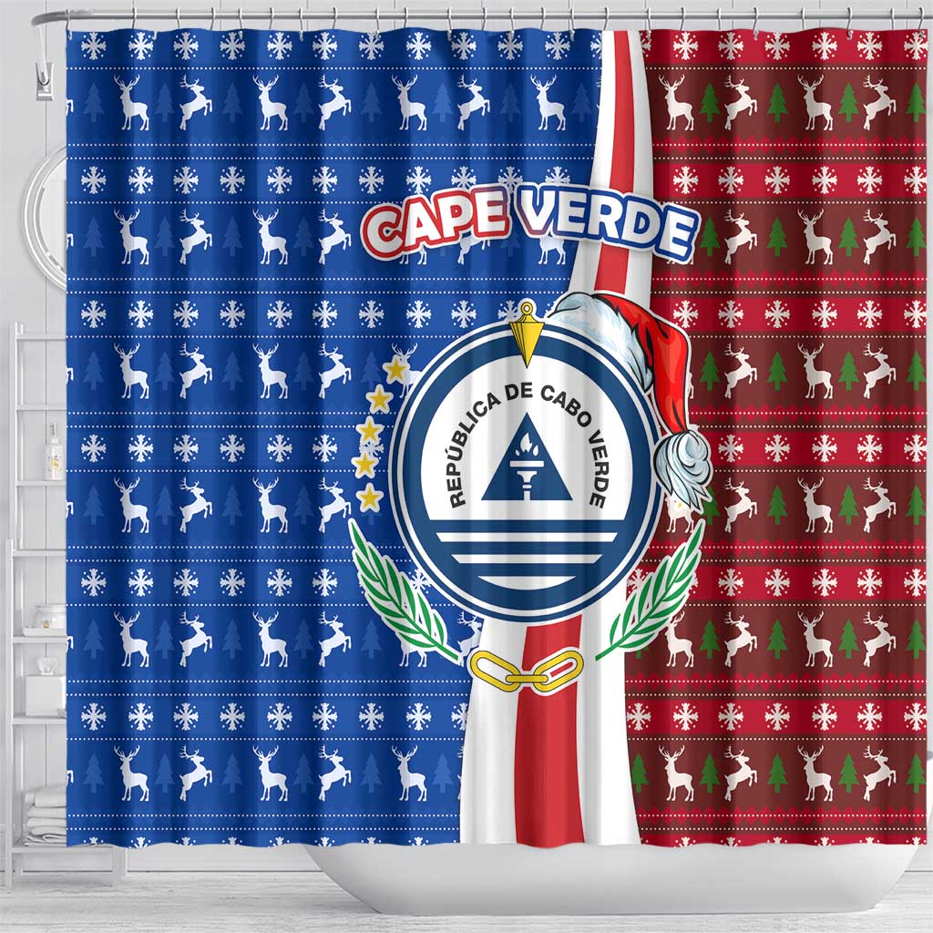 Cape Verde Christmas Shower Curtain with Red and Blue Festive Pattern Christmas Tree and National Emblem Motif - Wonder Print Shop