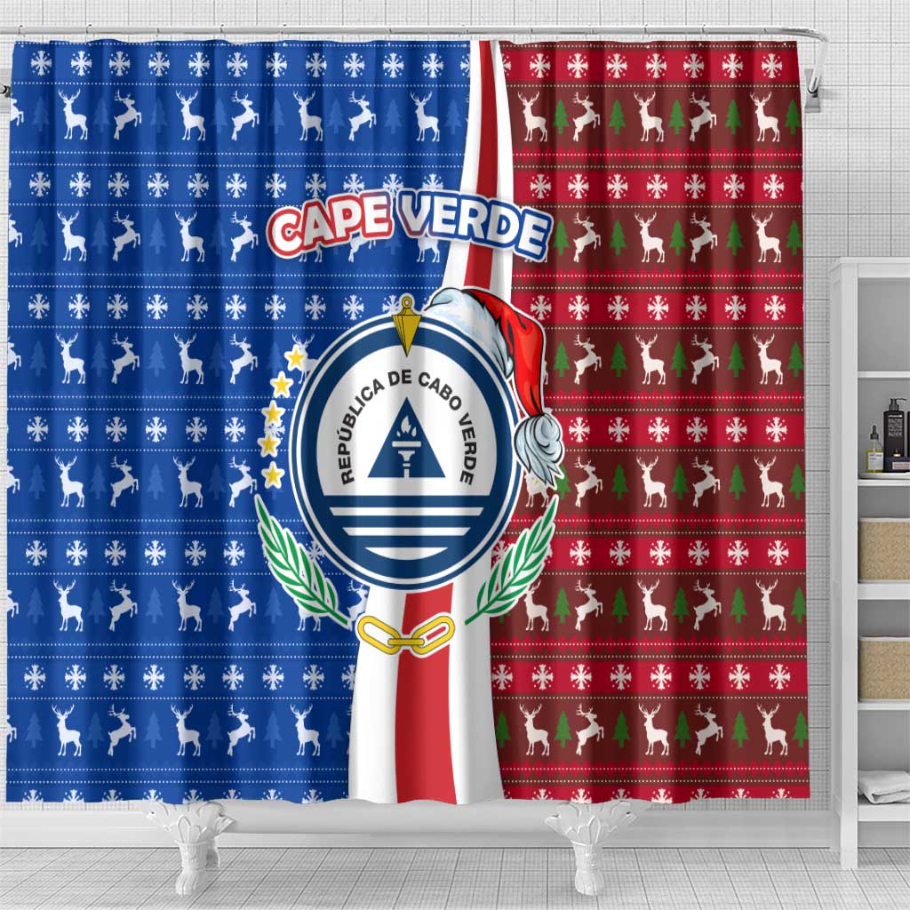 Cape Verde Christmas Shower Curtain with Red and Blue Festive Pattern Christmas Tree and National Emblem Motif - Wonder Print Shop