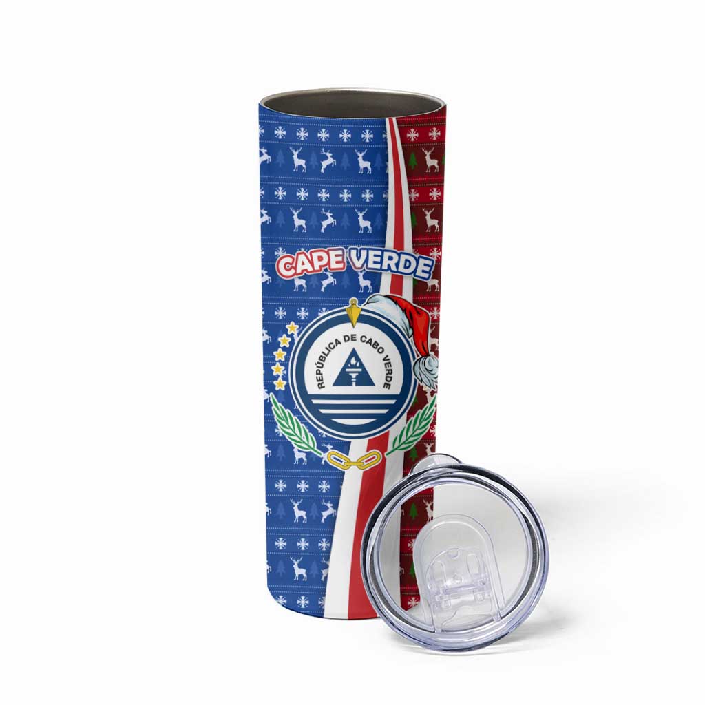 Cape Verde Christmas Skinny Tumbler with Red and Blue Festive Pattern Christmas Tree and National Emblem Motif - Wonder Print Shop
