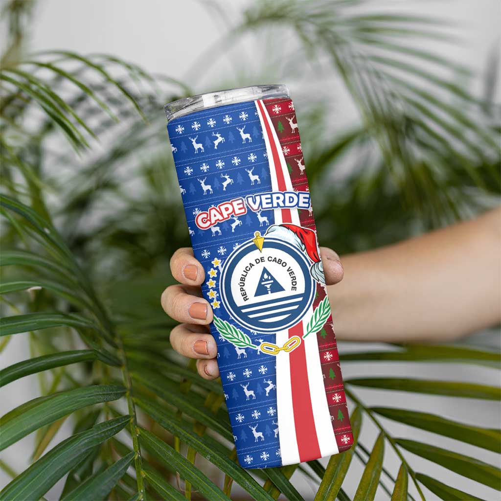 Cape Verde Christmas Skinny Tumbler with Red and Blue Festive Pattern Christmas Tree and National Emblem Motif - Wonder Print Shop