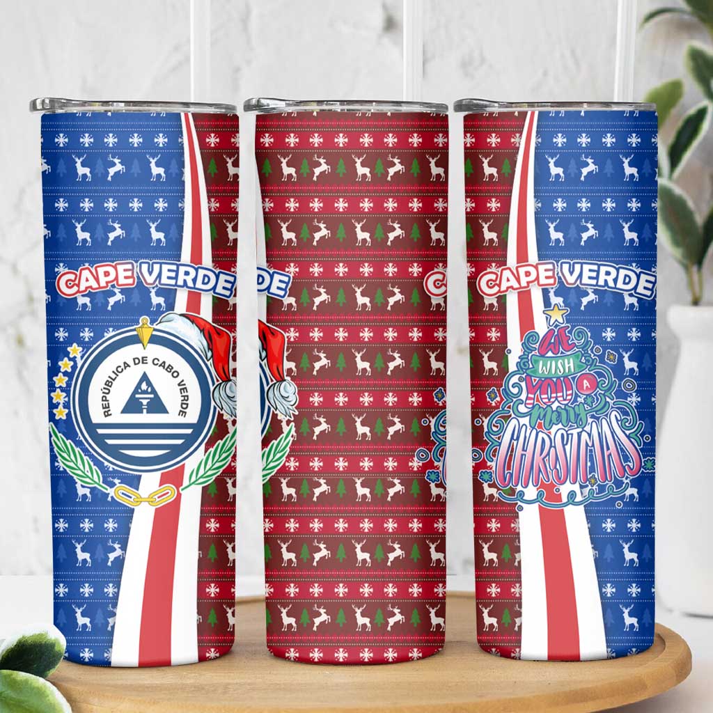 Cape Verde Christmas Skinny Tumbler with Red and Blue Festive Pattern Christmas Tree and National Emblem Motif - Wonder Print Shop