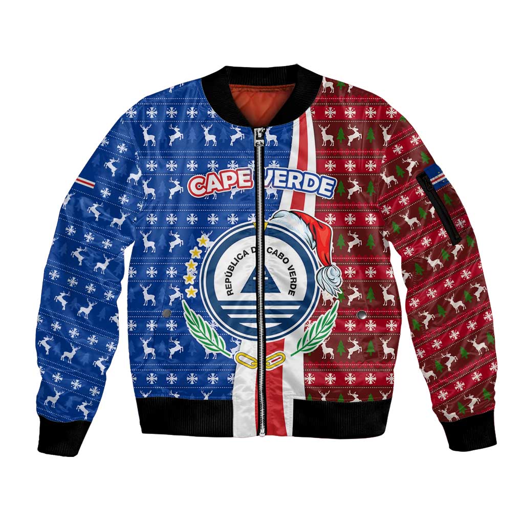 Cape Verde Christmas Sleeve Zip Bomber Jacket with Red and Blue Festive Pattern Christmas Tree and National Emblem Motif - Wonder Print Shop