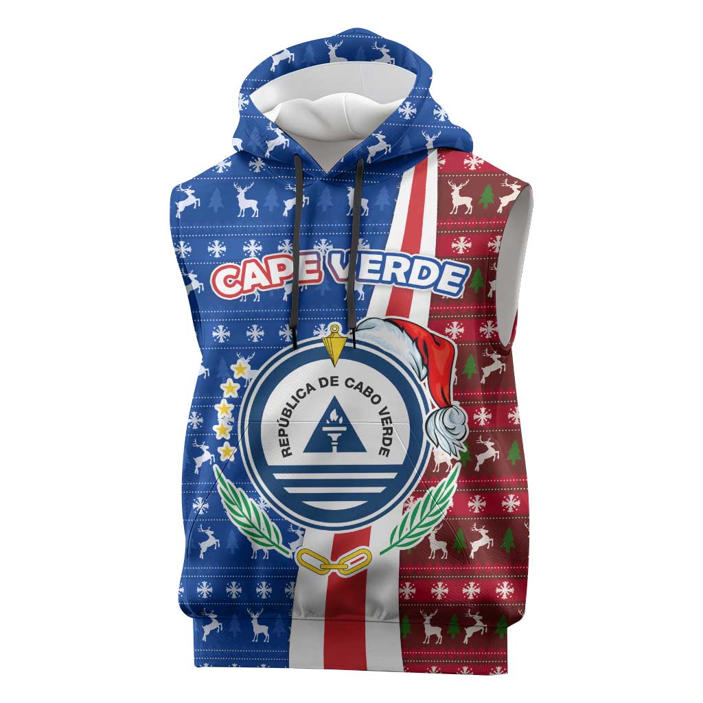 Cape Verde Christmas Sleeveless Hoodie with Red and Blue Festive Pattern Christmas Tree and National Emblem Motif - Wonder Print Shop