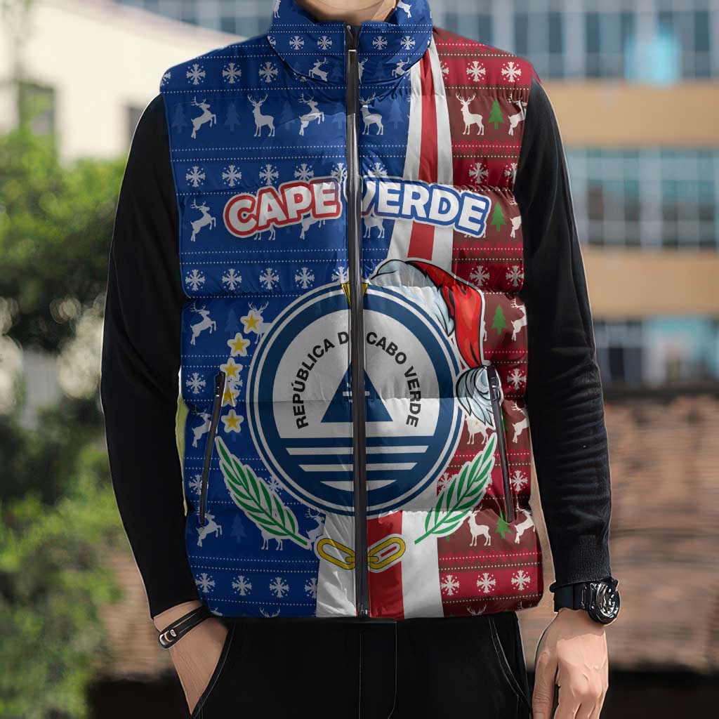 Cape Verde Christmas Sleeveless Puffer Jacket with Red and Blue Festive Pattern Christmas Tree and National Emblem Motif - Wonder Print Shop