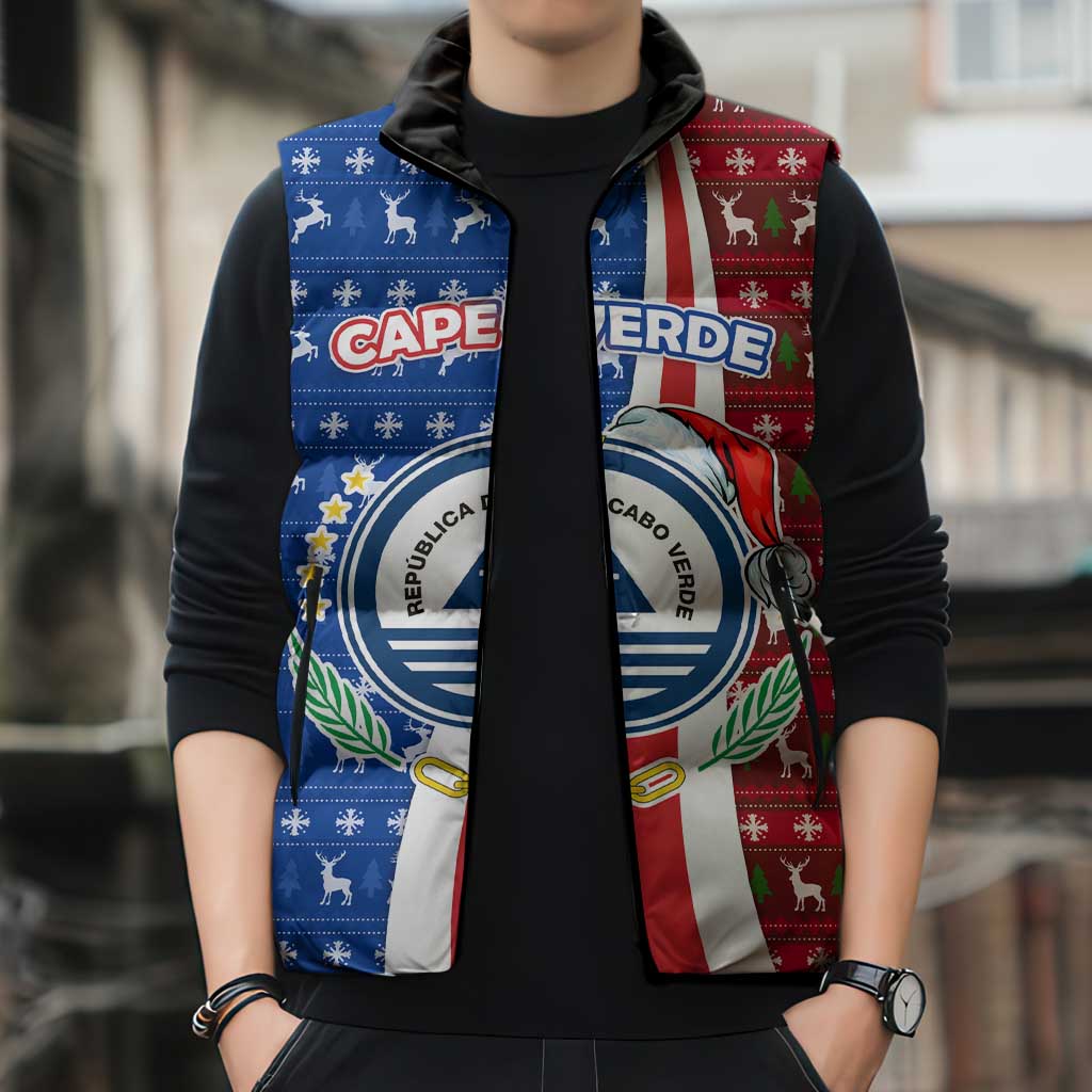 Cape Verde Christmas Sleeveless Puffer Jacket with Red and Blue Festive Pattern Christmas Tree and National Emblem Motif - Wonder Print Shop