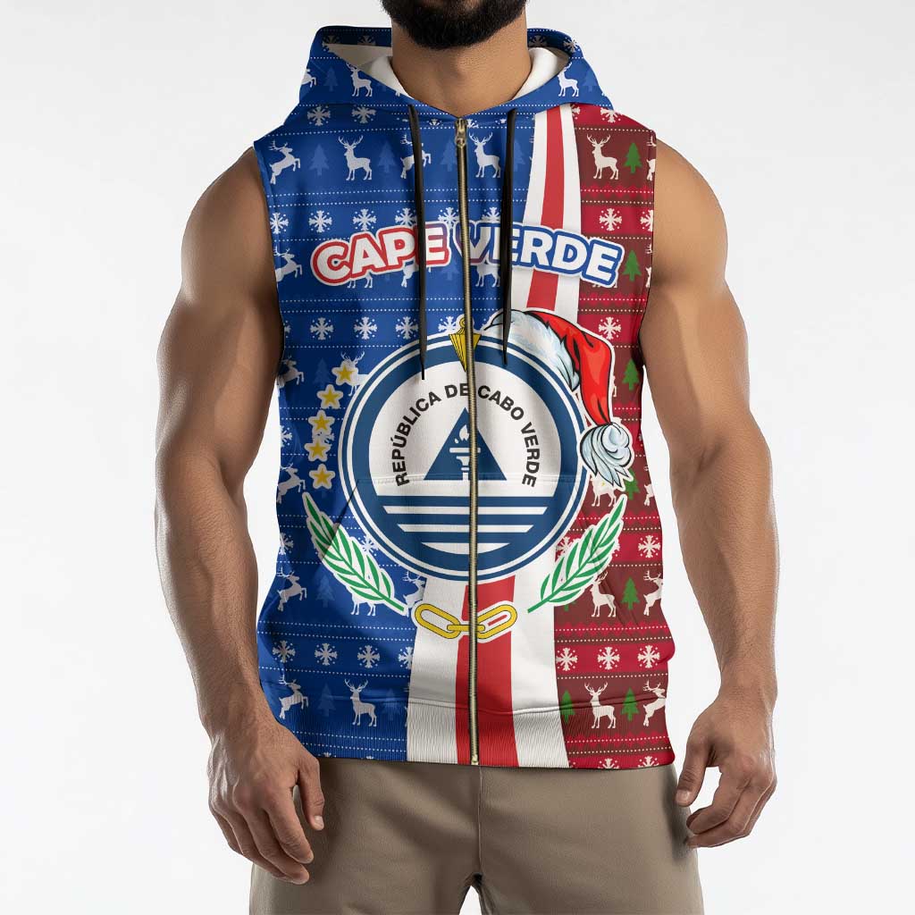 Cape Verde Christmas Sleeveless Zip Hoodie with Red and Blue Festive Pattern Christmas Tree and National Emblem Motif - Wonder Print Shop