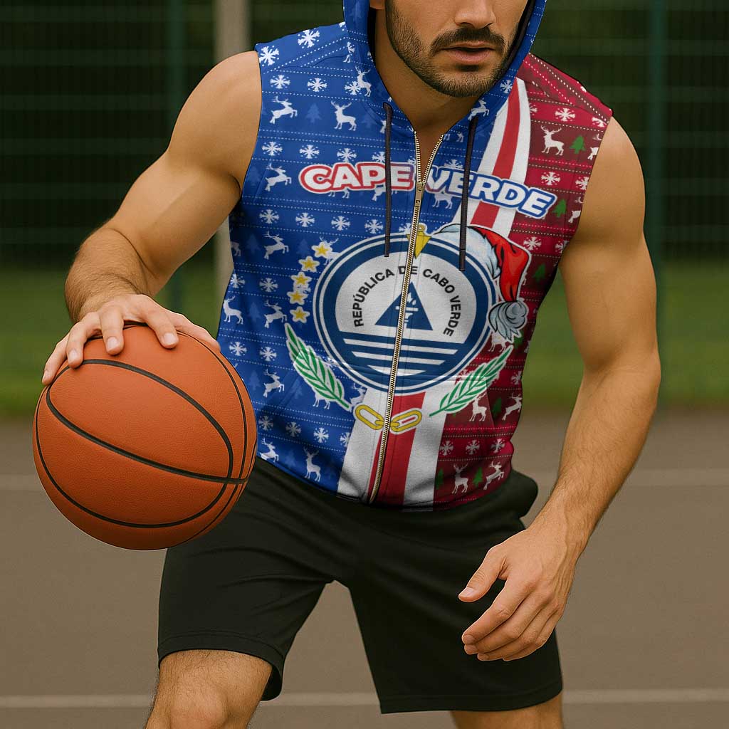 Cape Verde Christmas Sleeveless Zip Hoodie with Red and Blue Festive Pattern Christmas Tree and National Emblem Motif - Wonder Print Shop