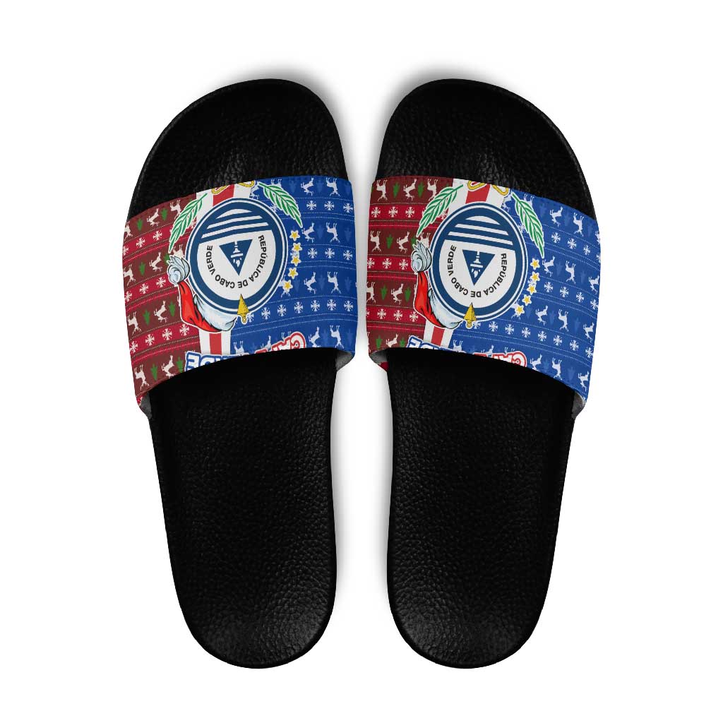 Cape Verde Christmas Slide Sandals with Red and Blue Festive Pattern Christmas Tree and National Emblem Motif - Wonder Print Shop