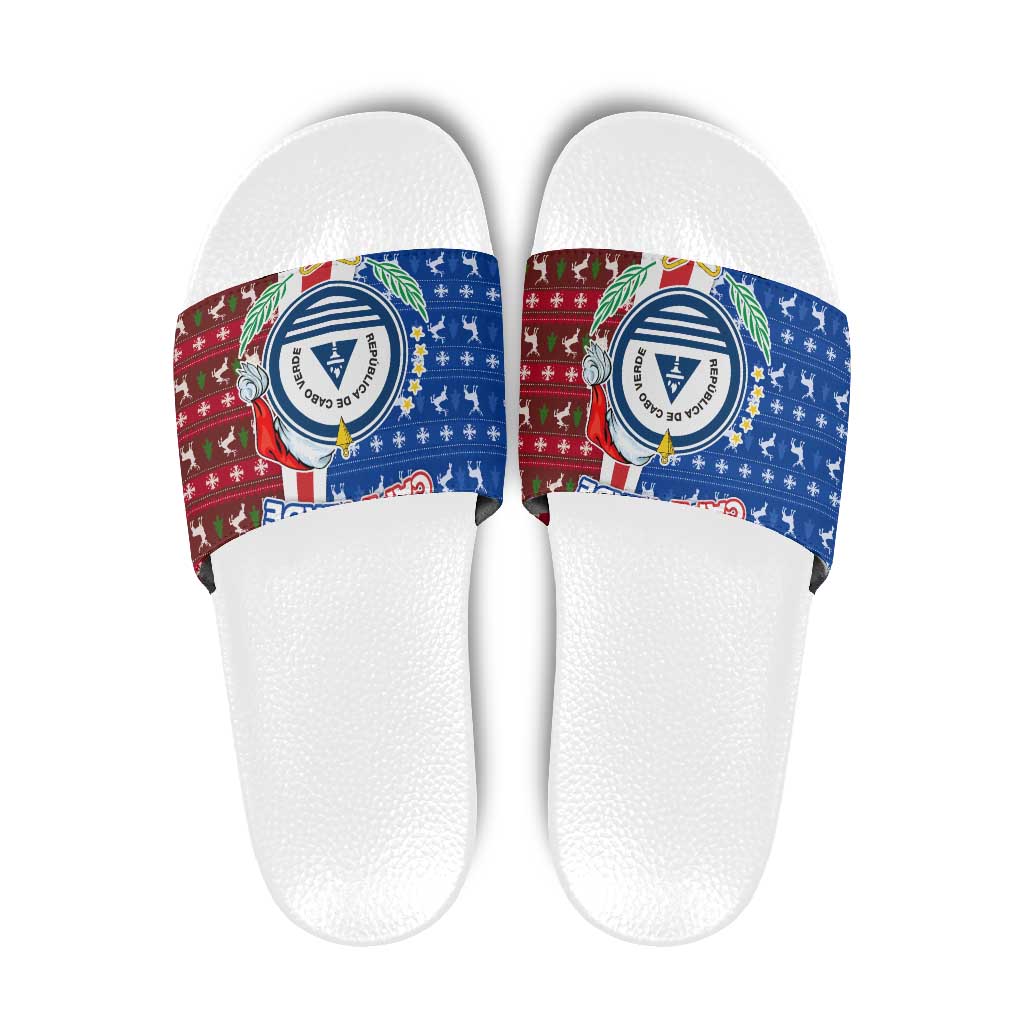 Cape Verde Christmas Slide Sandals with Red and Blue Festive Pattern Christmas Tree and National Emblem Motif - Wonder Print Shop