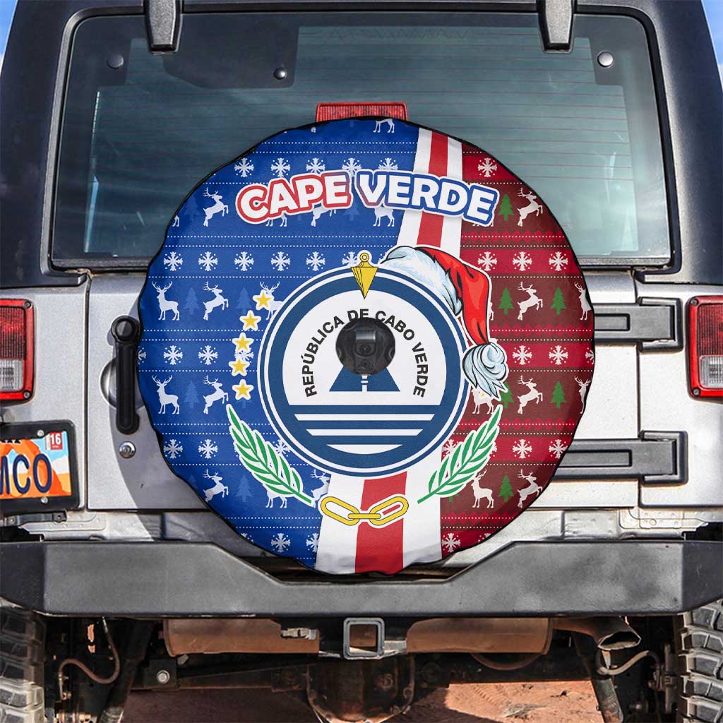 Cape Verde Christmas Spare Tire Cover with Red and Blue Festive Pattern Christmas Tree and National Emblem Motif - Wonder Print Shop