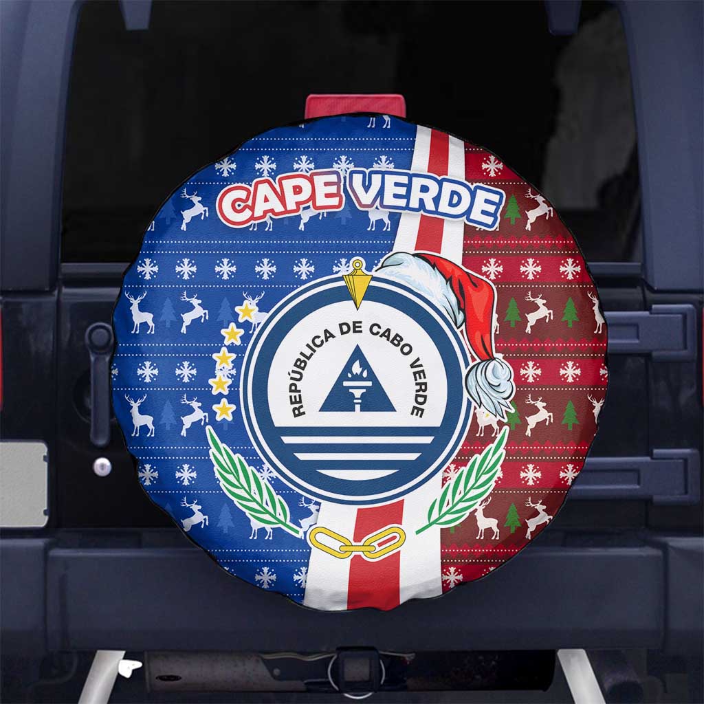 Cape Verde Christmas Spare Tire Cover with Red and Blue Festive Pattern Christmas Tree and National Emblem Motif - Wonder Print Shop