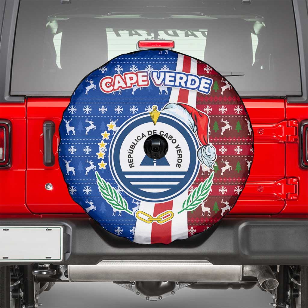 Cape Verde Christmas Spare Tire Cover with Red and Blue Festive Pattern Christmas Tree and National Emblem Motif - Wonder Print Shop
