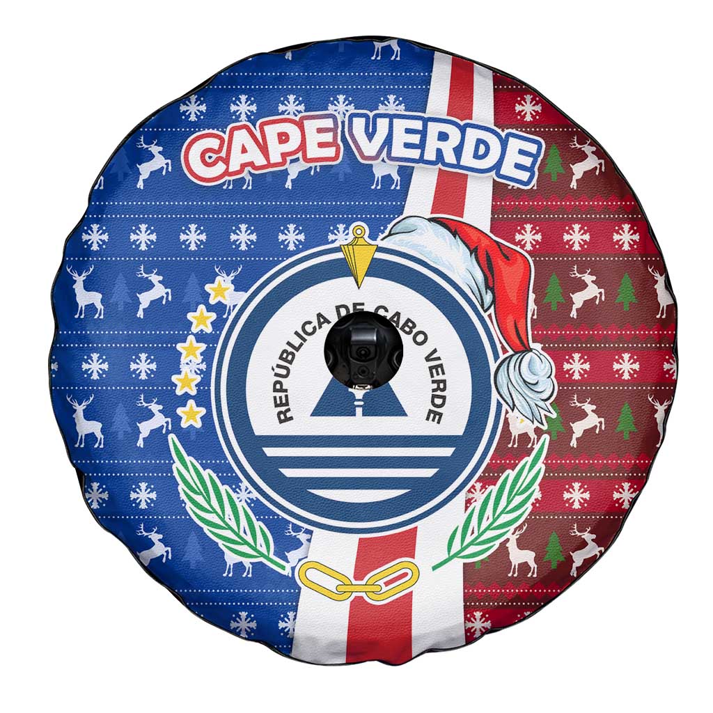 Cape Verde Christmas Spare Tire Cover with Red and Blue Festive Pattern Christmas Tree and National Emblem Motif - Wonder Print Shop