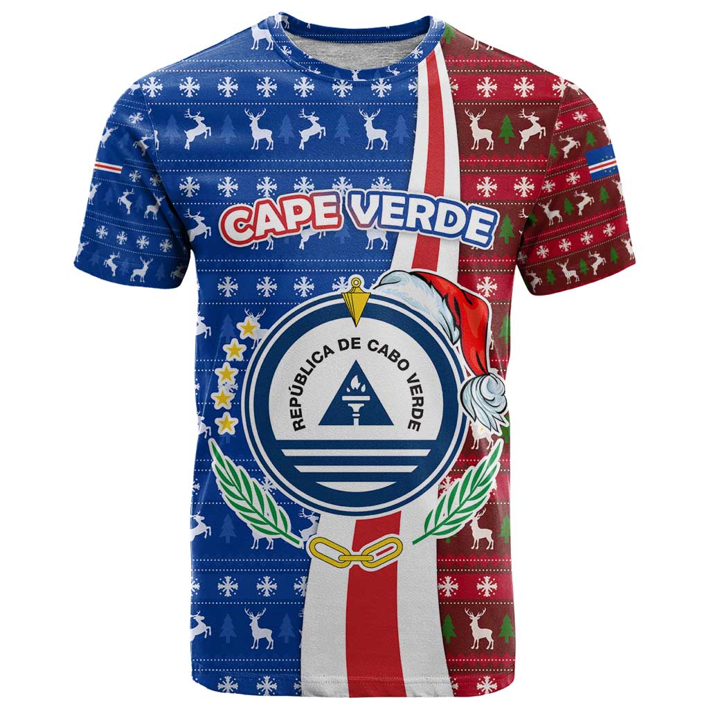 Cape Verde Christmas T Shirt with Red and Blue Festive Pattern Christmas Tree and National Emblem Motif - Wonder Print Shop
