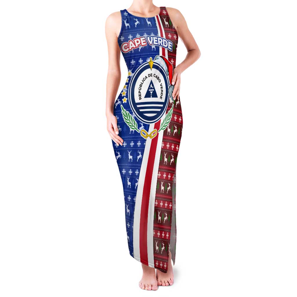 Cape Verde Christmas Tank Maxi Dress with Red and Blue Festive Pattern Christmas Tree and National Emblem Motif - Wonder Print Shop
