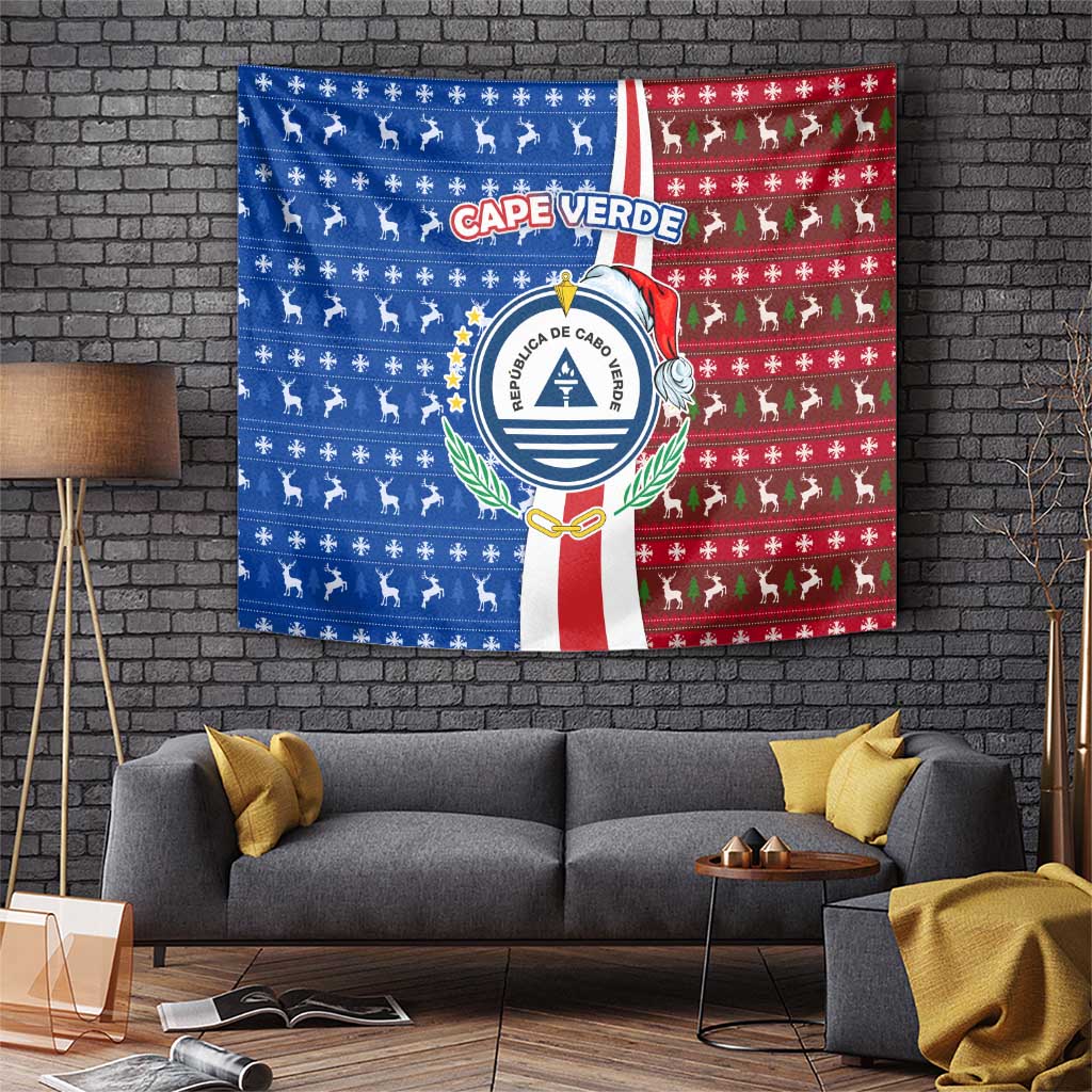 Cape Verde Christmas Tapestry with Red and Blue Festive Pattern Christmas Tree and National Emblem Motif - Wonder Print Shop