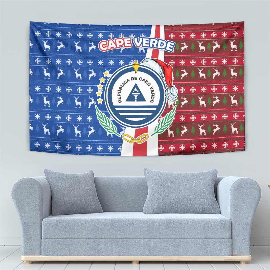 Cape Verde Christmas Tapestry with Red and Blue Festive Pattern Christmas Tree and National Emblem Motif - Wonder Print Shop