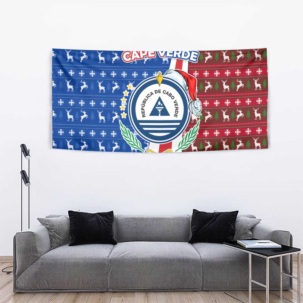 Cape Verde Christmas Tapestry with Red and Blue Festive Pattern Christmas Tree and National Emblem Motif - Wonder Print Shop
