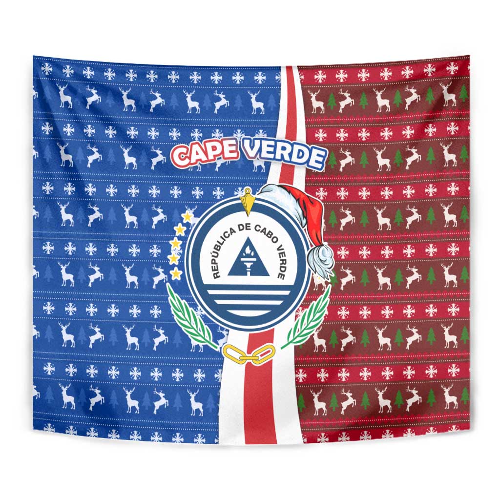 Cape Verde Christmas Tapestry with Red and Blue Festive Pattern Christmas Tree and National Emblem Motif - Wonder Print Shop