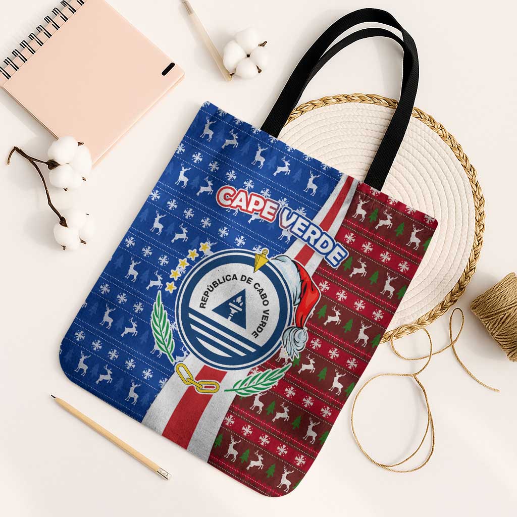 Cape Verde Christmas Tote Bag with Red and Blue Festive Pattern Christmas Tree and National Emblem Motif - Wonder Print Shop
