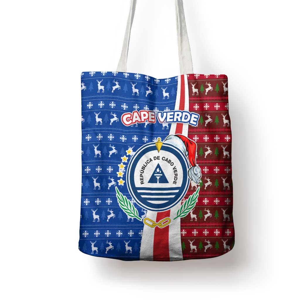 Cape Verde Christmas Tote Bag with Red and Blue Festive Pattern Christmas Tree and National Emblem Motif - Wonder Print Shop