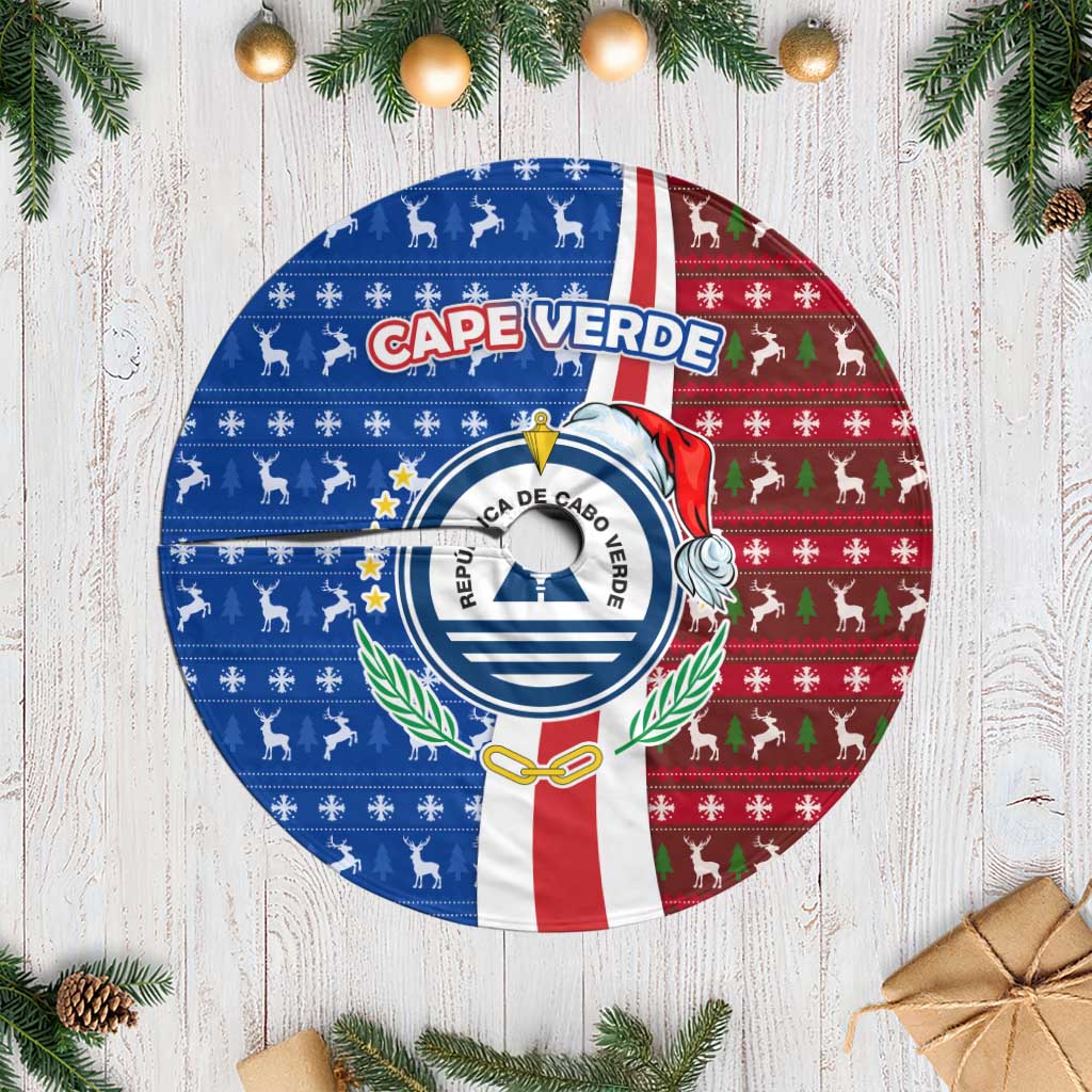 Cape Verde Christmas Tree Skirt with Red and Blue Festive Pattern Christmas Tree and National Emblem Motif - Wonder Print Shop
