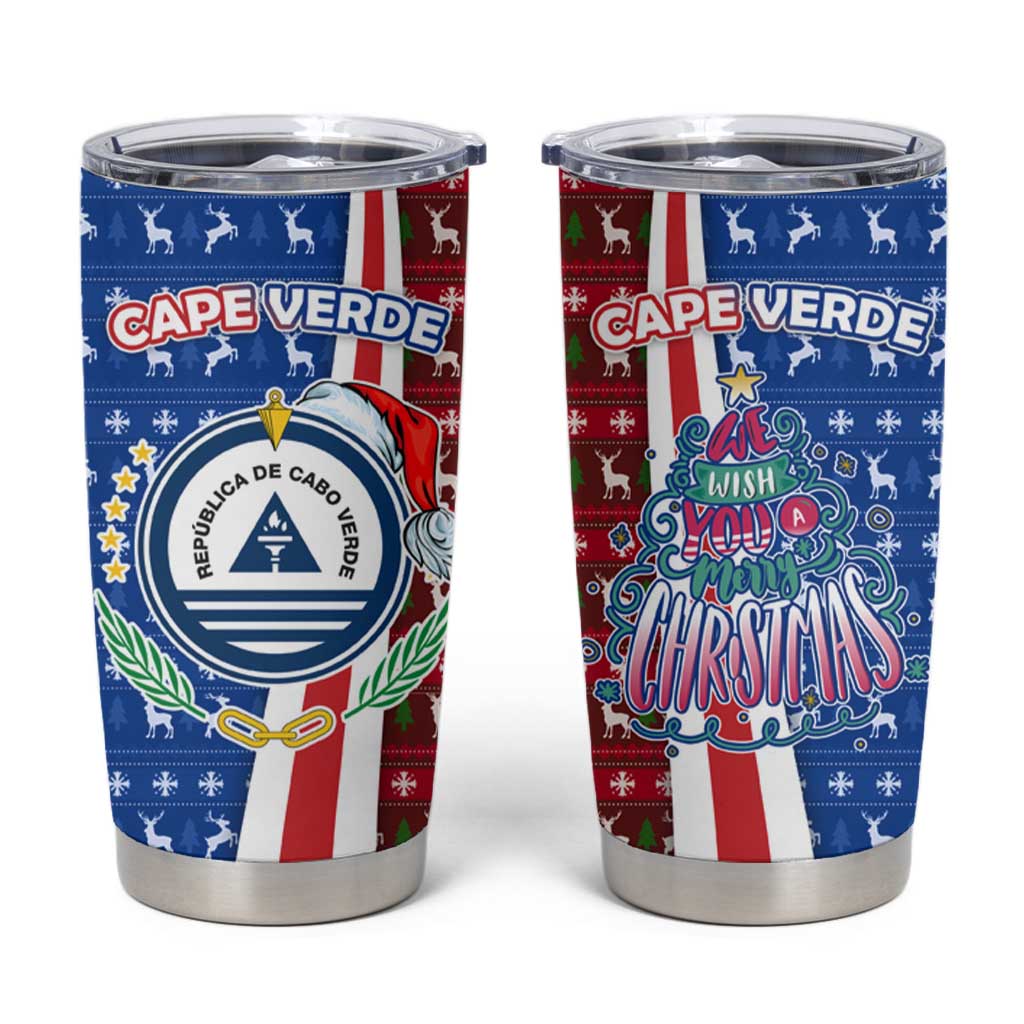 Cape Verde Christmas Tumbler Cup with Red and Blue Festive Pattern Christmas Tree and National Emblem Motif - Wonder Print Shop