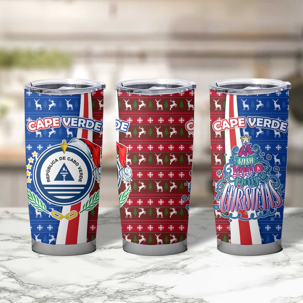 Cape Verde Christmas Tumbler Cup with Red and Blue Festive Pattern Christmas Tree and National Emblem Motif - Wonder Print Shop