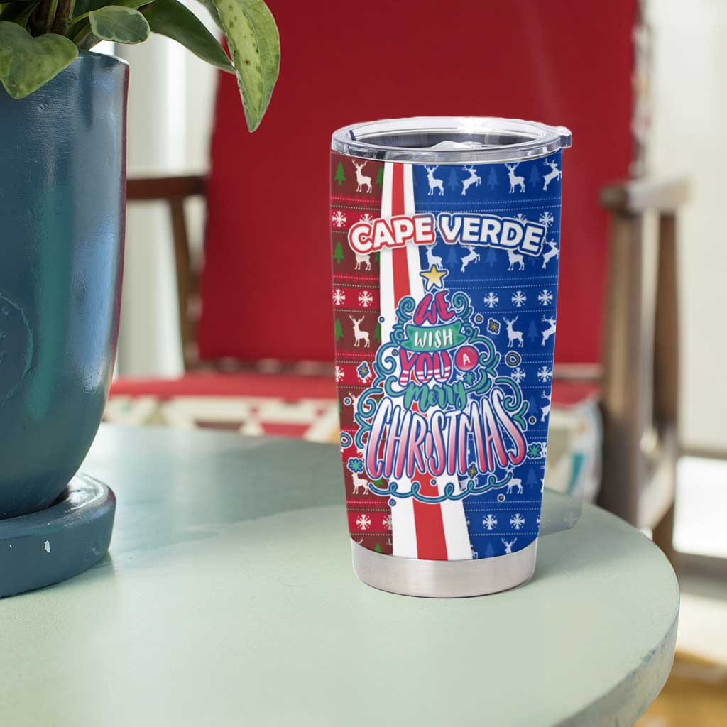 Cape Verde Christmas Tumbler Cup with Red and Blue Festive Pattern Christmas Tree and National Emblem Motif - Wonder Print Shop