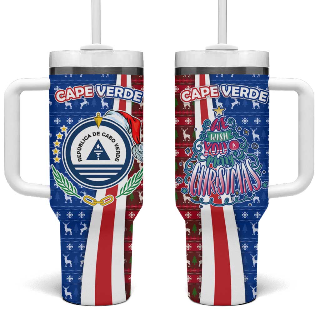 Cape Verde Christmas Tumbler With Handle with Red and Blue Festive Pattern Christmas Tree and National Emblem Motif - Wonder Print Shop