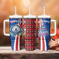 Cape Verde Christmas Tumbler With Handle with Red and Blue Festive Pattern Christmas Tree and National Emblem Motif - Wonder Print Shop