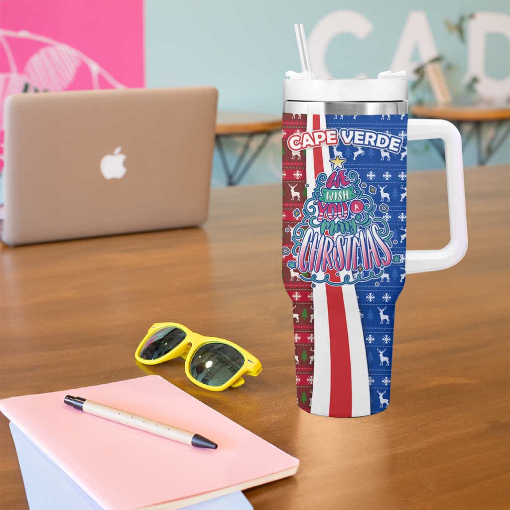 Cape Verde Christmas Tumbler With Handle with Red and Blue Festive Pattern Christmas Tree and National Emblem Motif - Wonder Print Shop