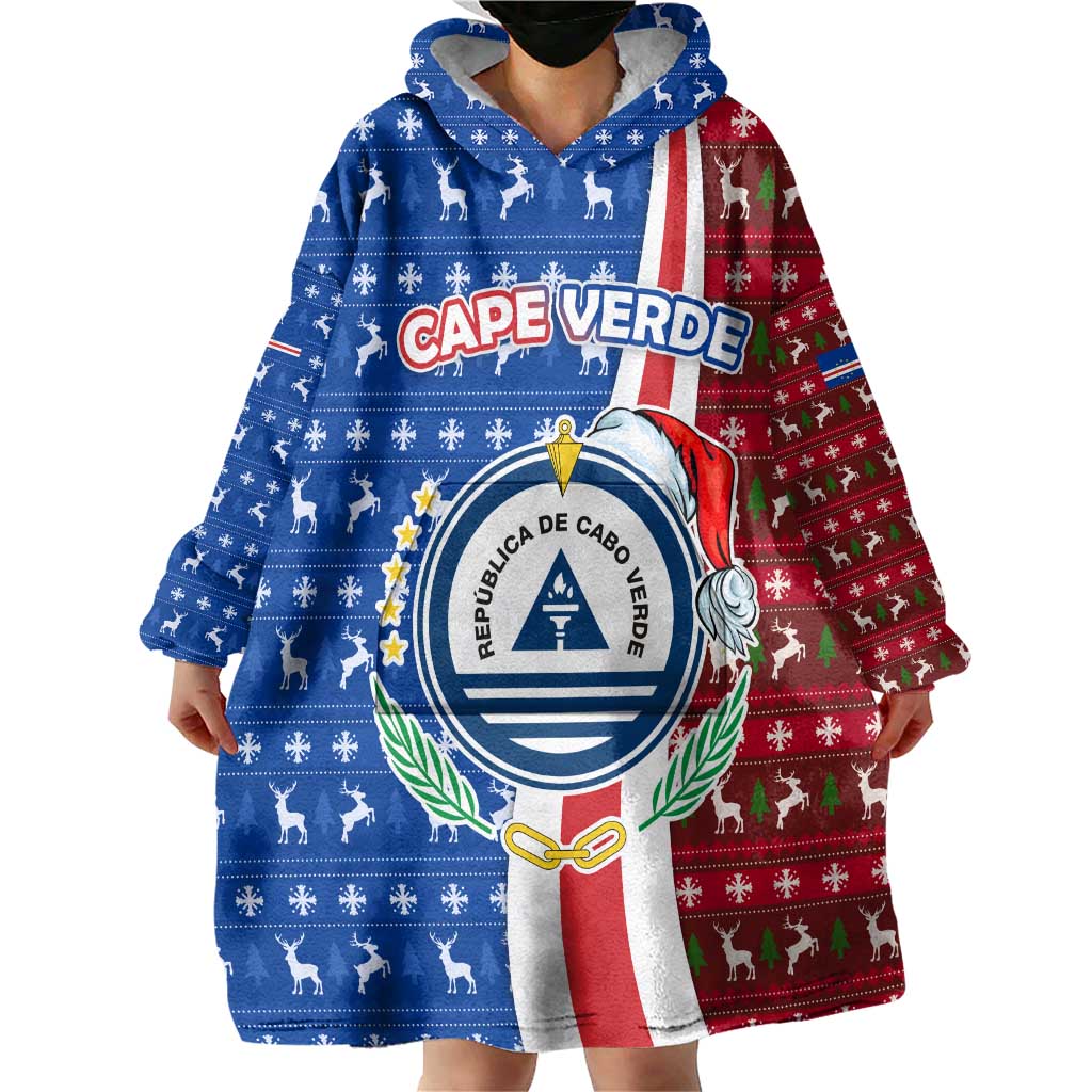 Cape Verde Christmas Wearable Blanket Hoodie with Red and Blue Festive Pattern Christmas Tree and National Emblem Motif - Wonder Print Shop
