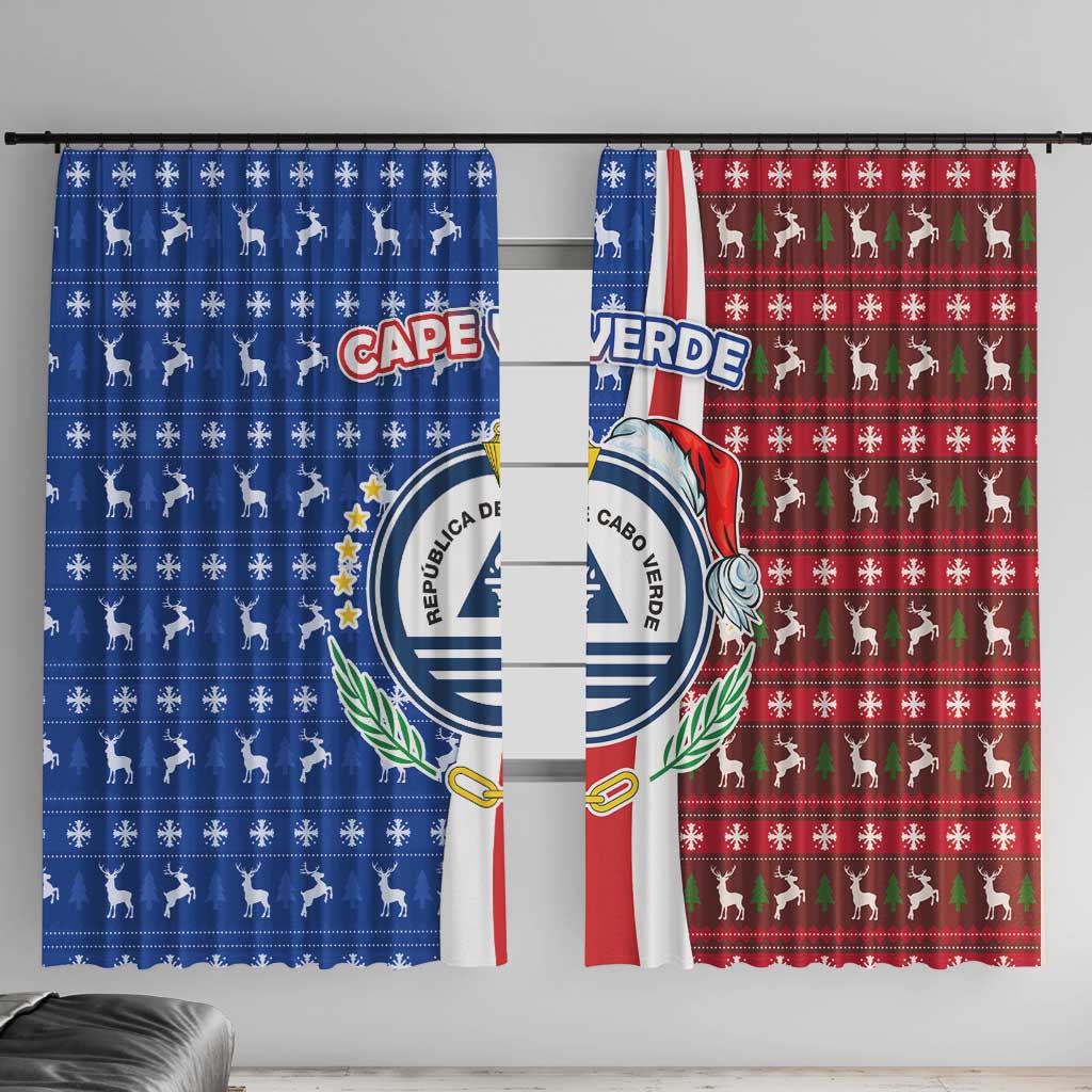 Cape Verde Christmas Window Curtain with Red and Blue Festive Pattern Christmas Tree and National Emblem Motif - Wonder Print Shop