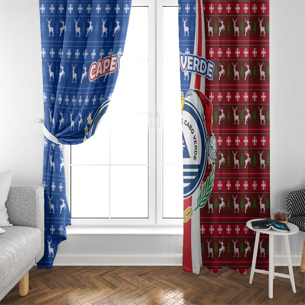 Cape Verde Christmas Window Curtain with Red and Blue Festive Pattern Christmas Tree and National Emblem Motif - Wonder Print Shop