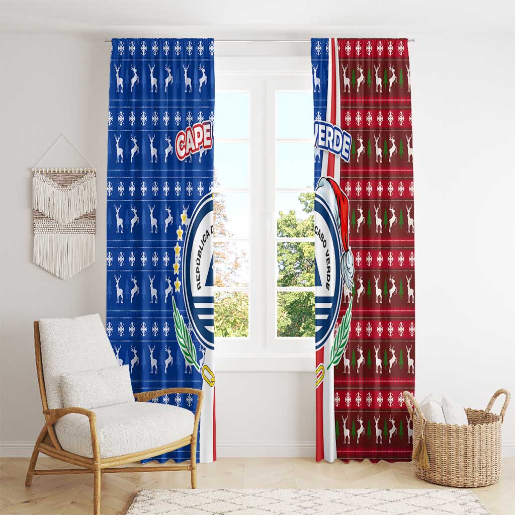 Cape Verde Christmas Window Curtain with Red and Blue Festive Pattern Christmas Tree and National Emblem Motif - Wonder Print Shop