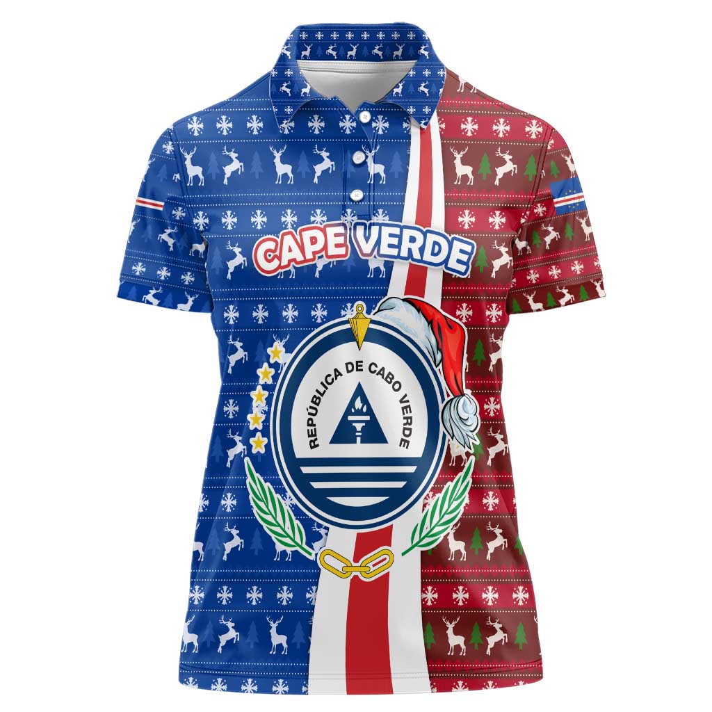 Cape Verde Christmas Women Polo Shirt with Red and Blue Festive Pattern Christmas Tree and National Emblem Motif - Wonder Print Shop