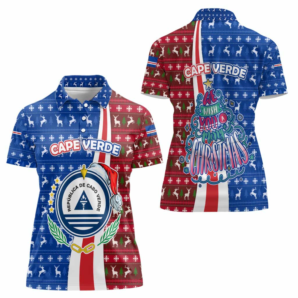 Cape Verde Christmas Women Polo Shirt with Red and Blue Festive Pattern Christmas Tree and National Emblem Motif - Wonder Print Shop