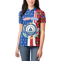 Cape Verde Christmas Women Polo Shirt with Red and Blue Festive Pattern Christmas Tree and National Emblem Motif - Wonder Print Shop