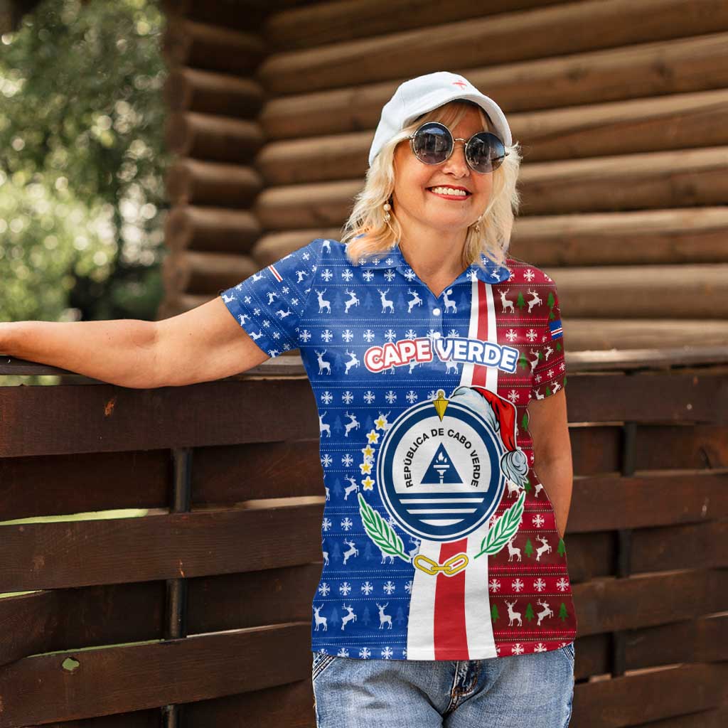 Cape Verde Christmas Women Polo Shirt with Red and Blue Festive Pattern Christmas Tree and National Emblem Motif - Wonder Print Shop