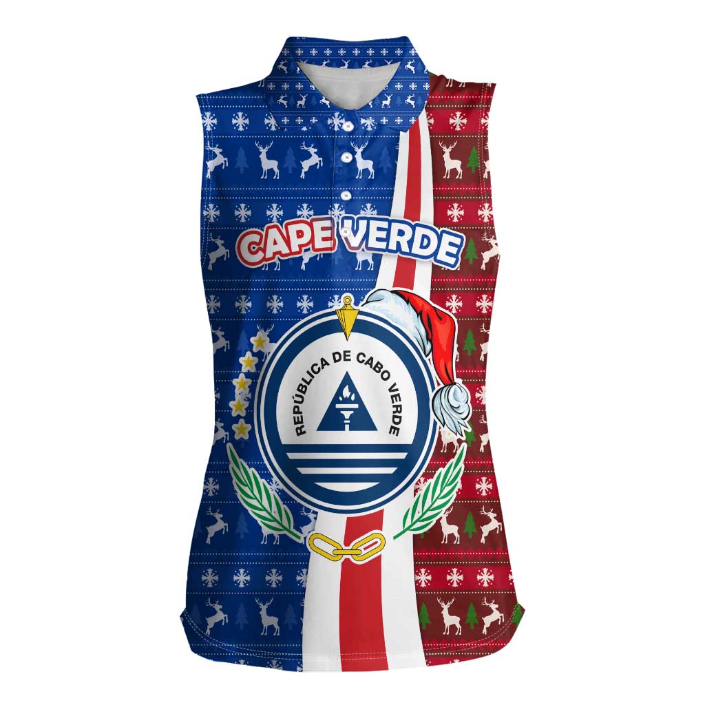 Cape Verde Christmas Women Sleeveless Polo Shirt with Red and Blue Festive Pattern Christmas Tree and National Emblem Motif - Wonder Print Shop