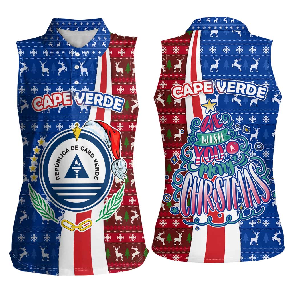 Cape Verde Christmas Women Sleeveless Polo Shirt with Red and Blue Festive Pattern Christmas Tree and National Emblem Motif - Wonder Print Shop