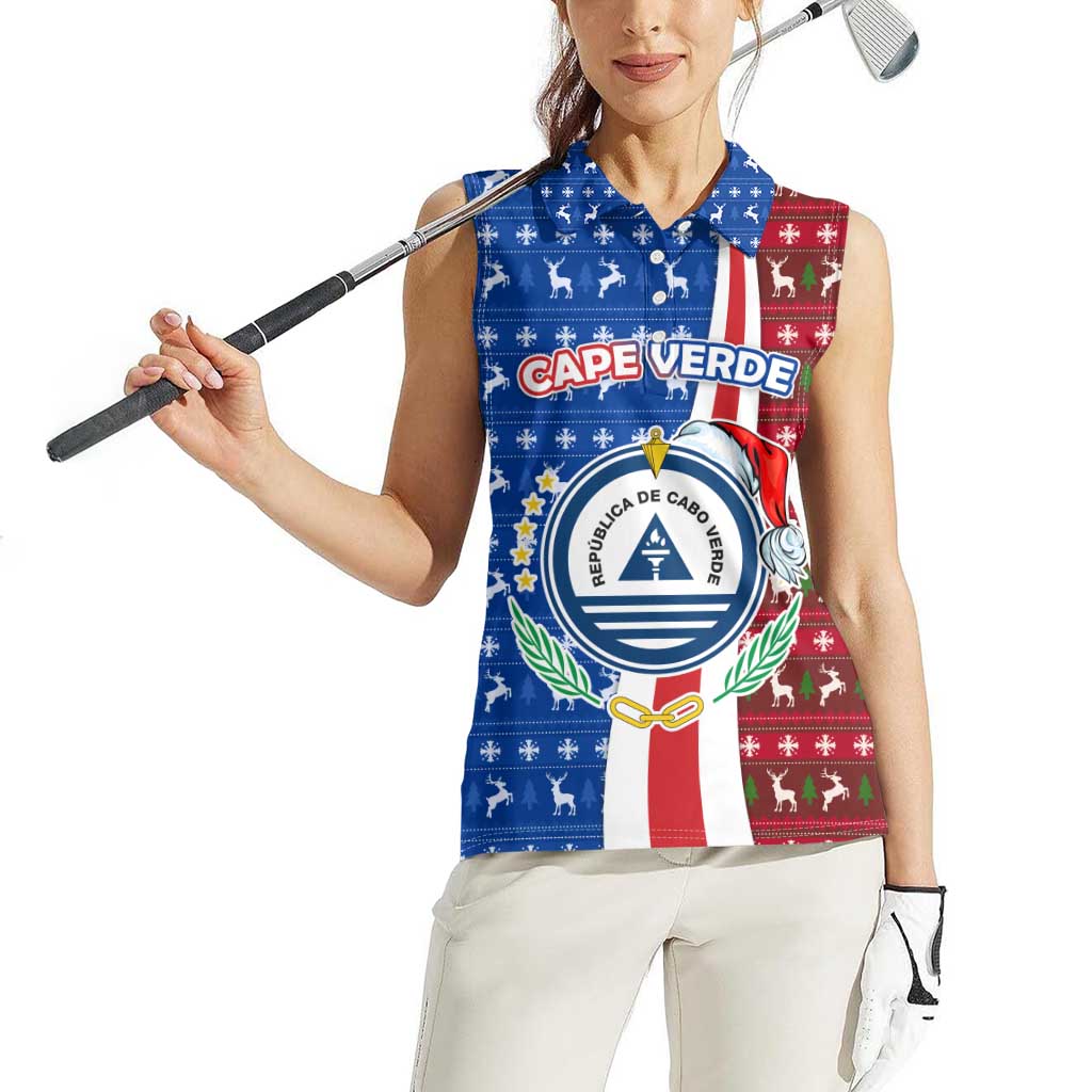 Cape Verde Christmas Women Sleeveless Polo Shirt with Red and Blue Festive Pattern Christmas Tree and National Emblem Motif - Wonder Print Shop