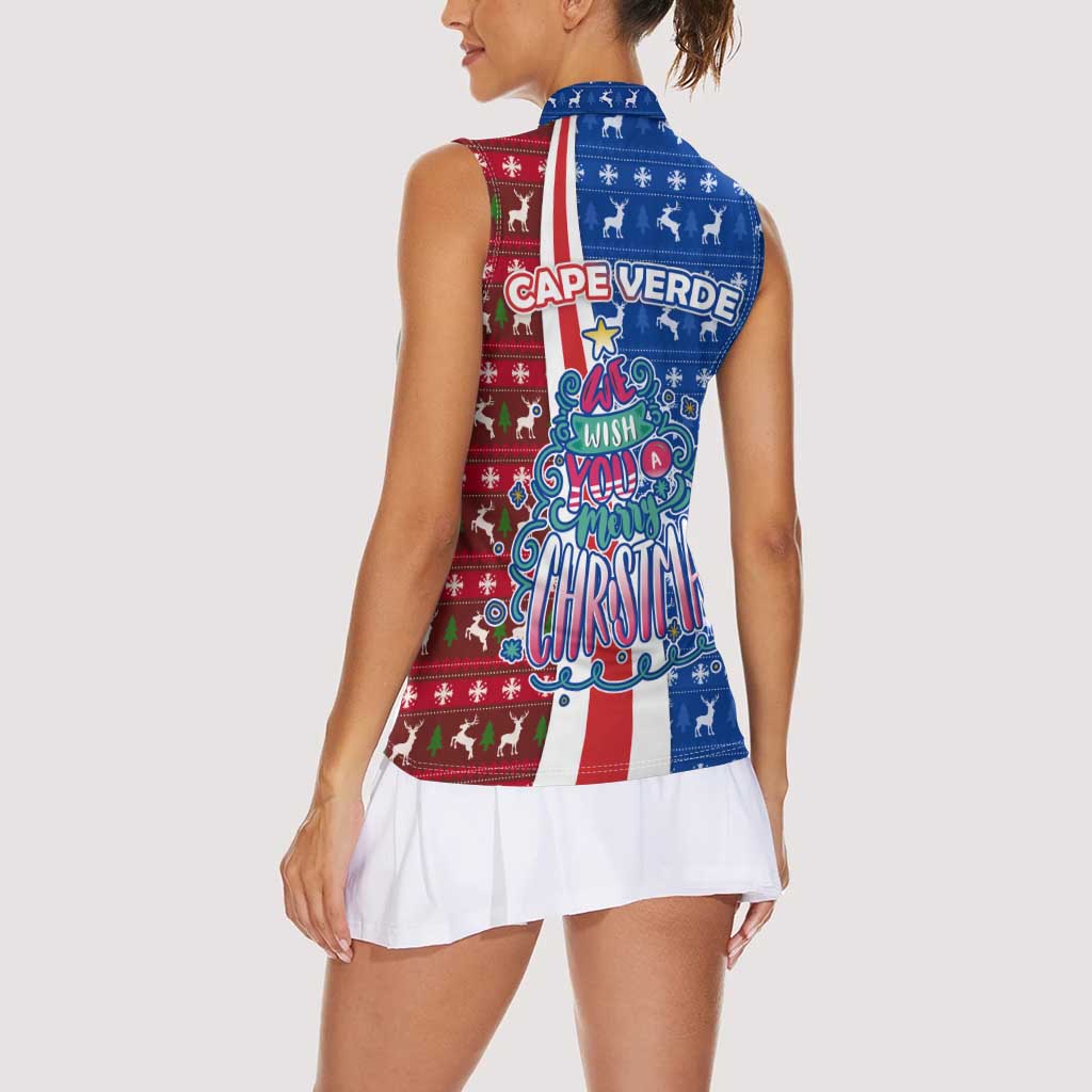 Cape Verde Christmas Women Sleeveless Polo Shirt with Red and Blue Festive Pattern Christmas Tree and National Emblem Motif - Wonder Print Shop